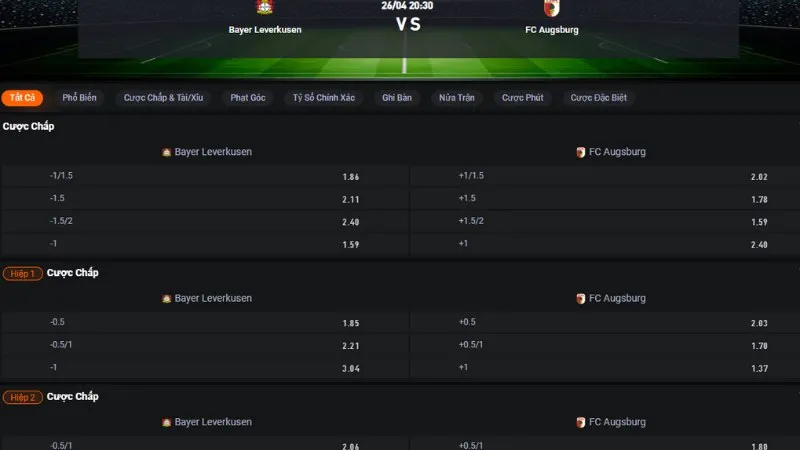 Bảng tỷ lệ kèo trận Leverkusen vs Augsburg